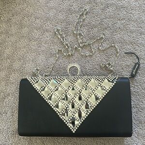 J Formani rhinestone black satin evening clutch wedding with chain strap